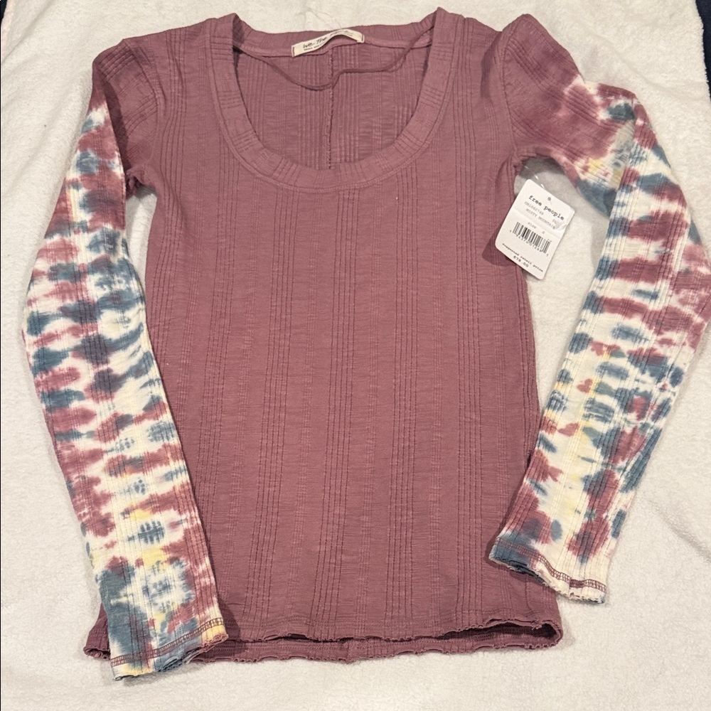 We The Free Mauve Top with Tie-Dye Sleeves